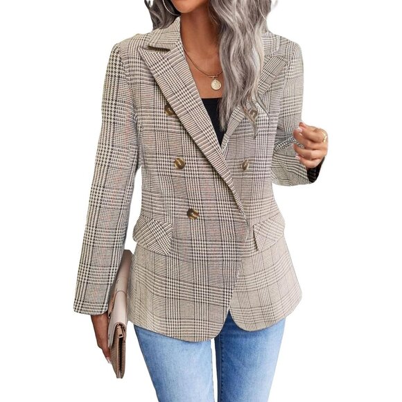 Business Work Tweed Plaid Jacket Suit Pocket Plaid/Brown - Picture 3 of 6